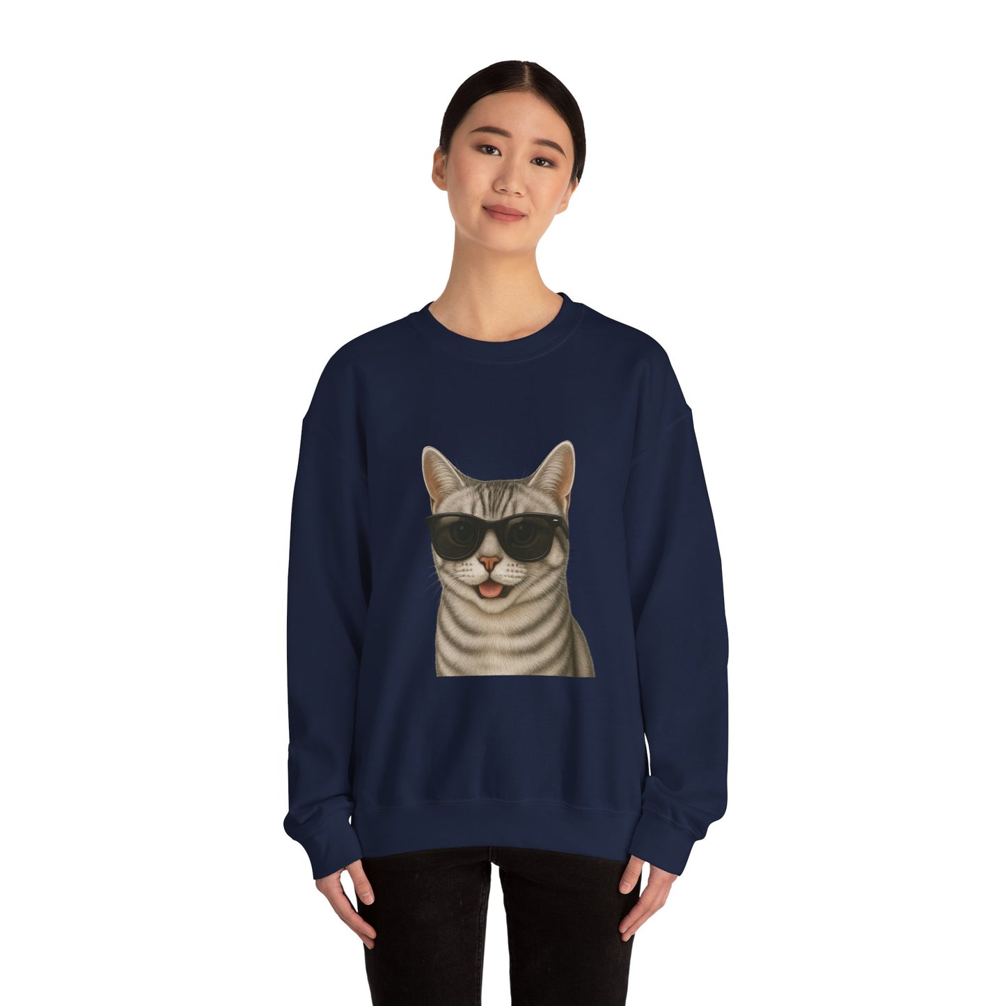 American Shorthair Silver Tabby Wearing Sunglasses - Adult Crewneck Sweatshirt