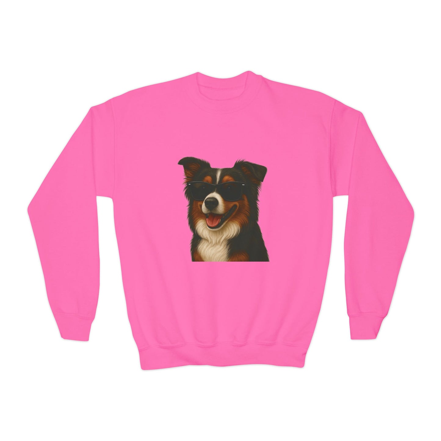 Australian Shepherd Dog Portrait Youth Crewneck Sweatshirt with Sunglasses Design