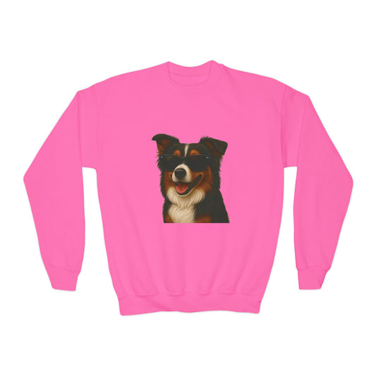 Australian Shepherd Dog Portrait Youth Crewneck Sweatshirt with Sunglasses Design