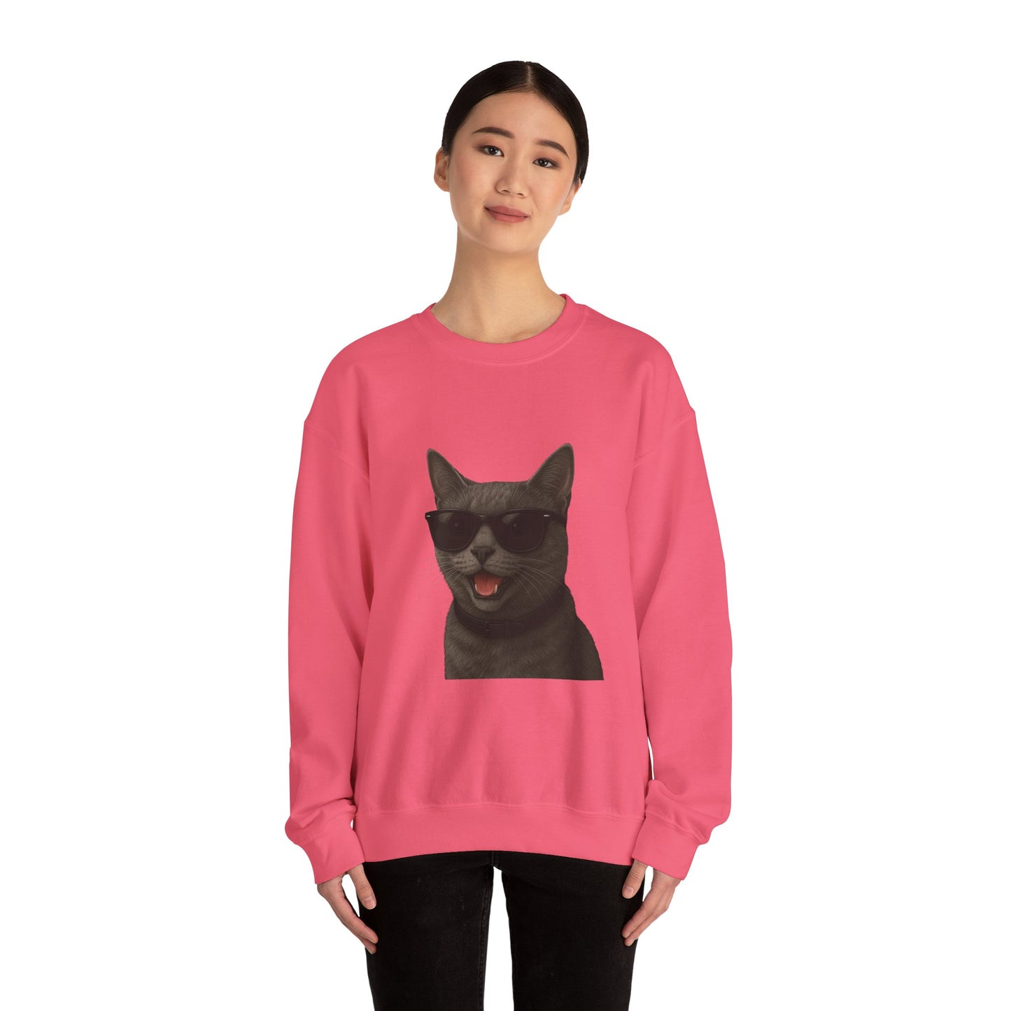Gray Cat Wearing Sunglasses - Adult Crewneck Sweatshirt