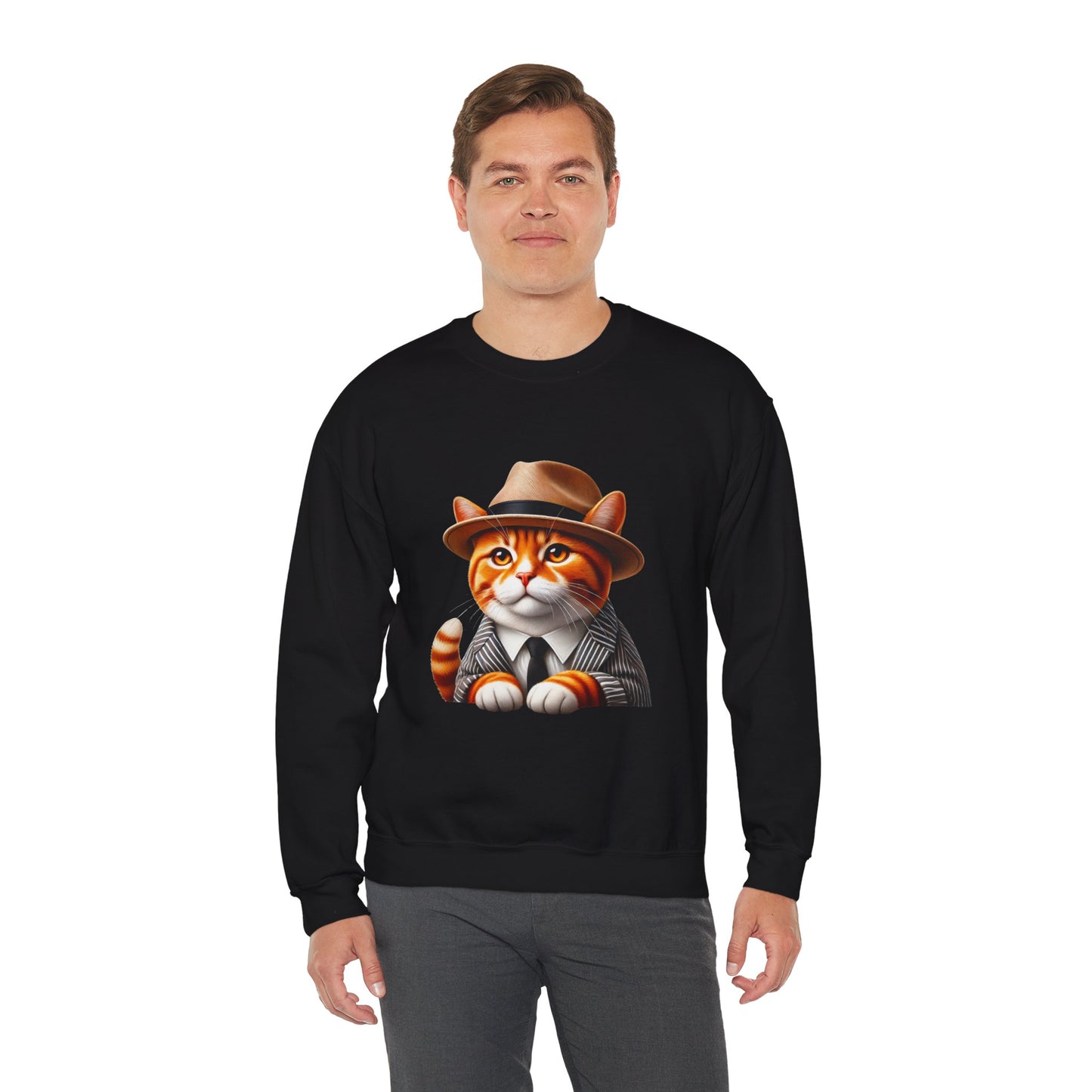 Tabby Cat Wearing A Fedora And Suit - Adult Crewneck Sweatshirt - Too Cute Pets