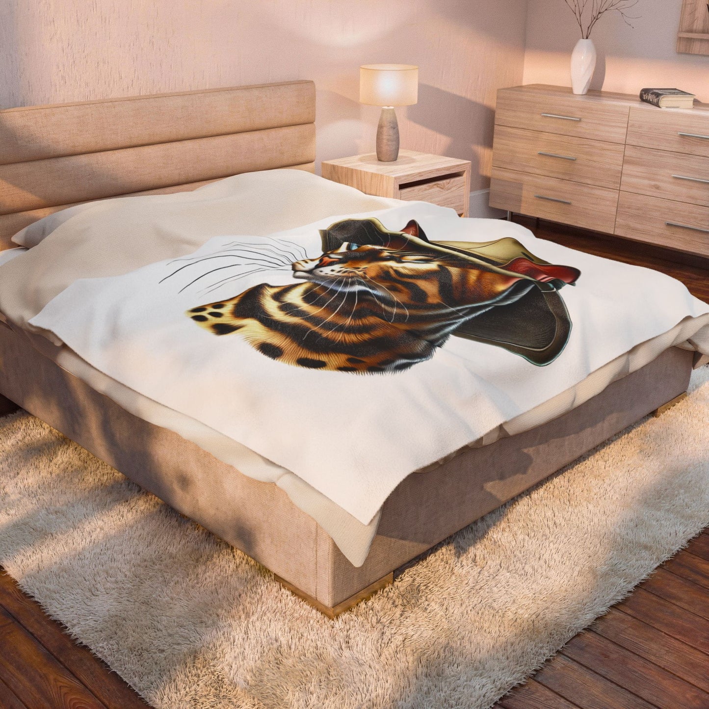 Bengal Cat Wearing a Safari Hat - Sherpa Blanket