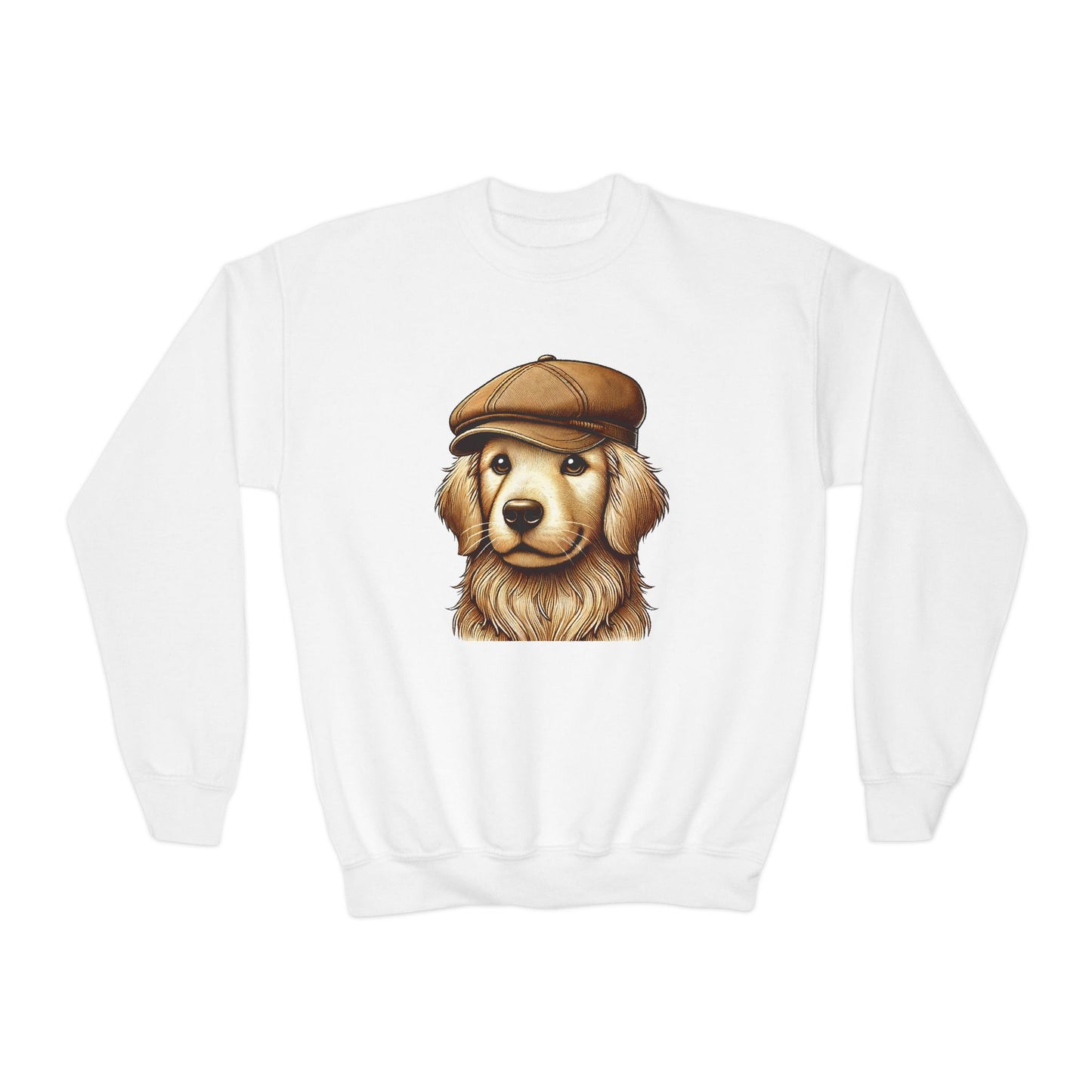 Golden Retriever Wearing Newsboy Hat - Youth Crewneck Sweatshirt - Too Cute Pets