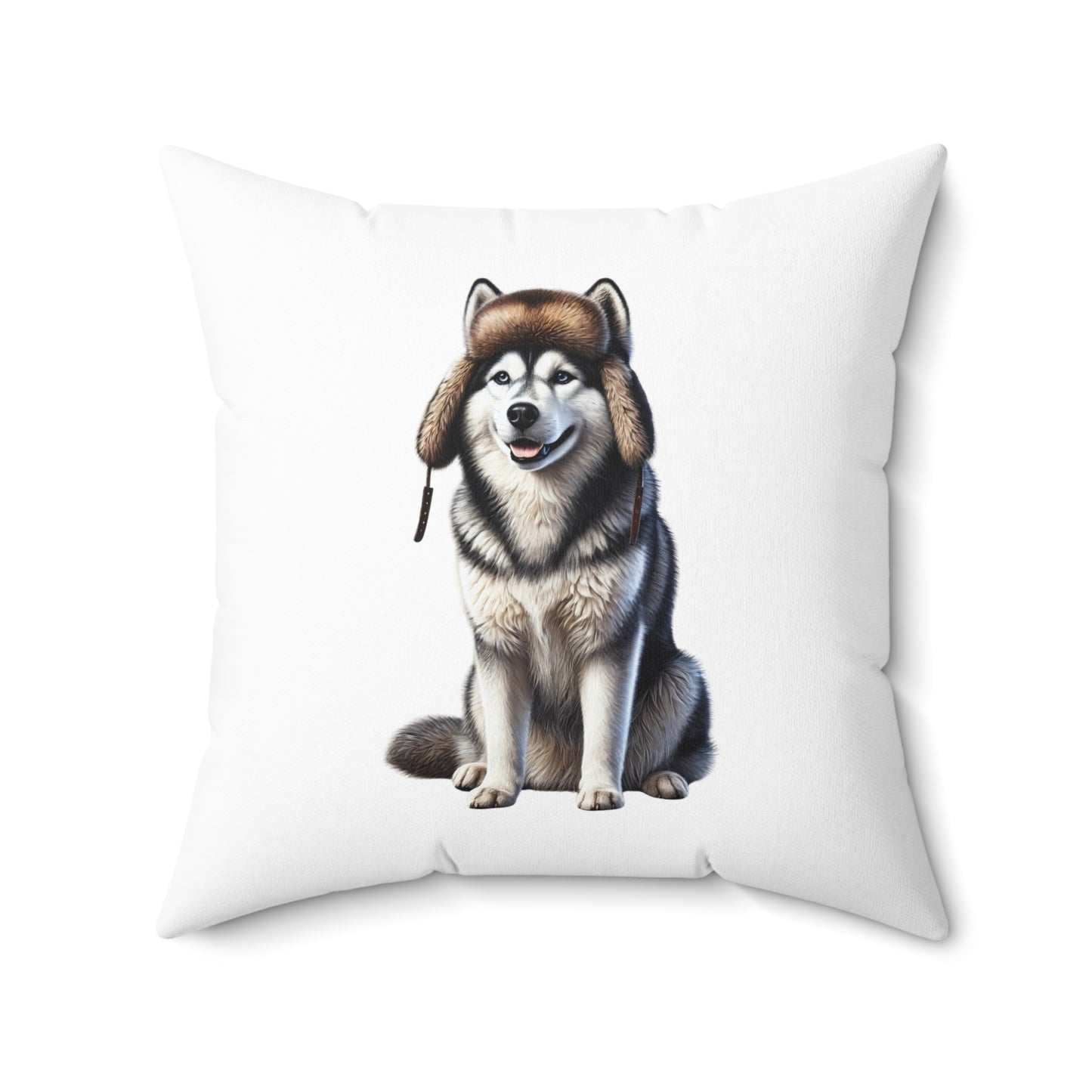 Husky Wearing a Fur Hunter Hat - Throw Pillow