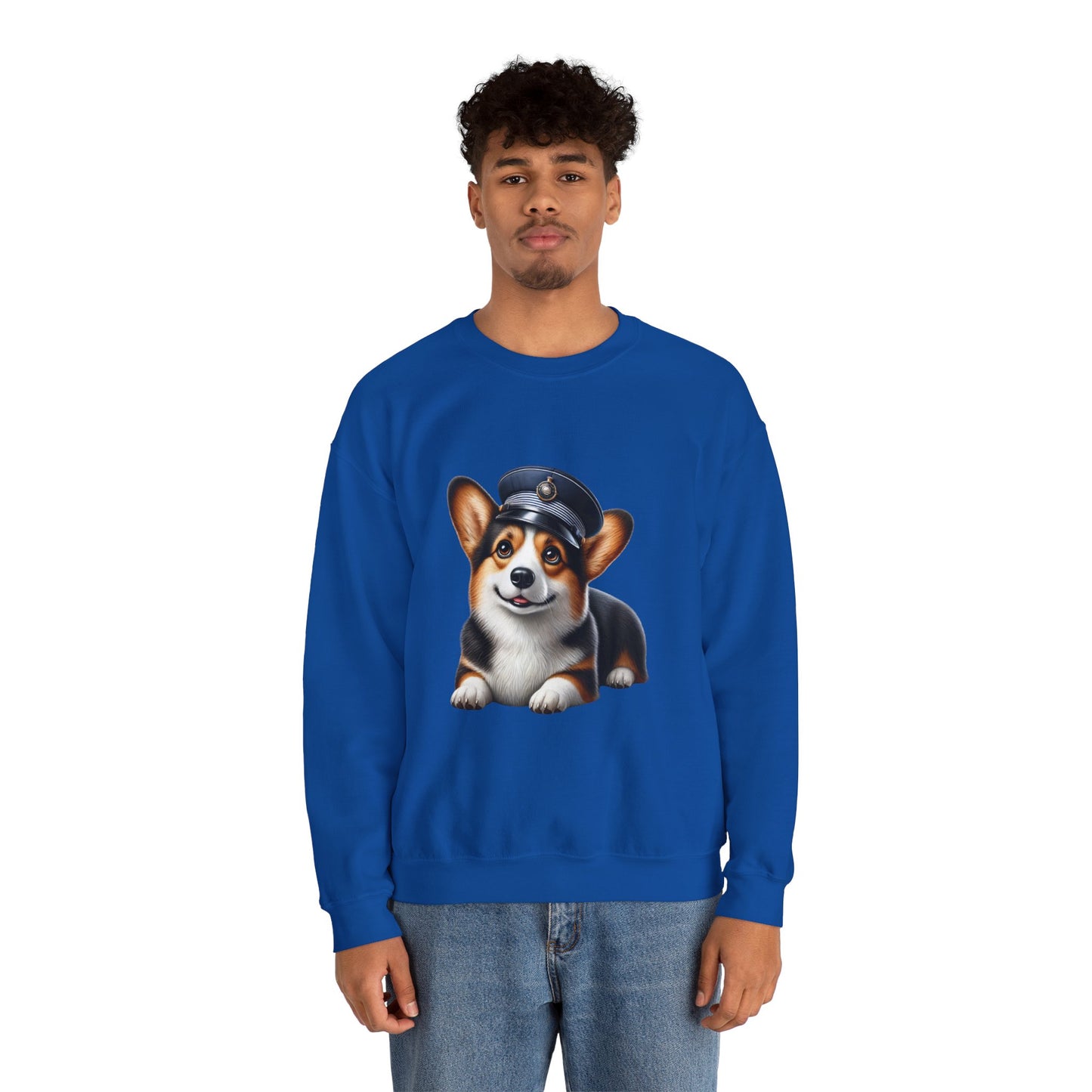 Cute Corgi Wearing A Train Conductors Hat- Adult Crewneck Sweatshirt - Too Cute Pets