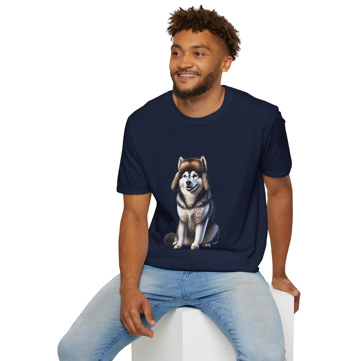 Husky Wearing A Fur Trappers hat- Adult T-Shirt - Too Cute Pets